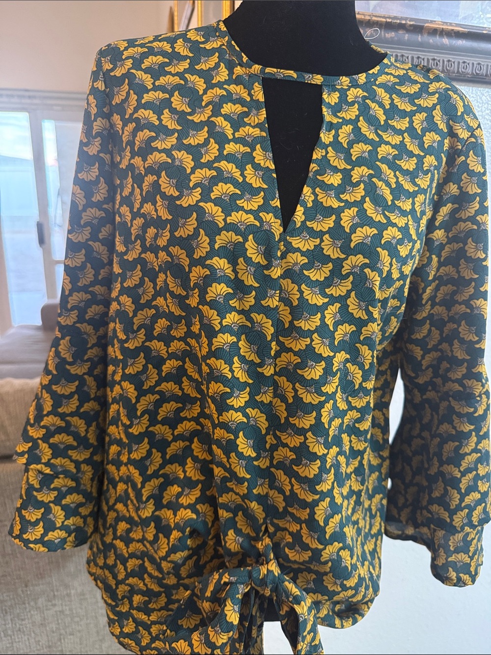 Suzanne Betro Mustard Yellow and Dark Green Floral Tie-Hem Tunic